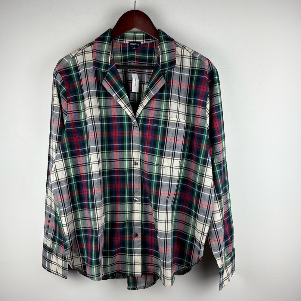 New Gap Body Oversized Poplin PJ Button Up Shirt Plaid Loungewear Casual Medium